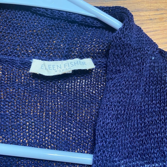 EILEEN FISHER Navy Open Knit Cardigan Lightweight Layering Sweater size L (?) - Picture 5 of 7